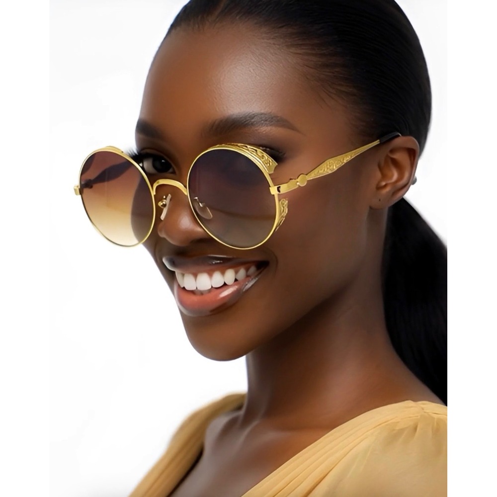 Round UV400 Sunglasses Gold Frame Brown Lens Side Shield Women Hippie Shade 2026